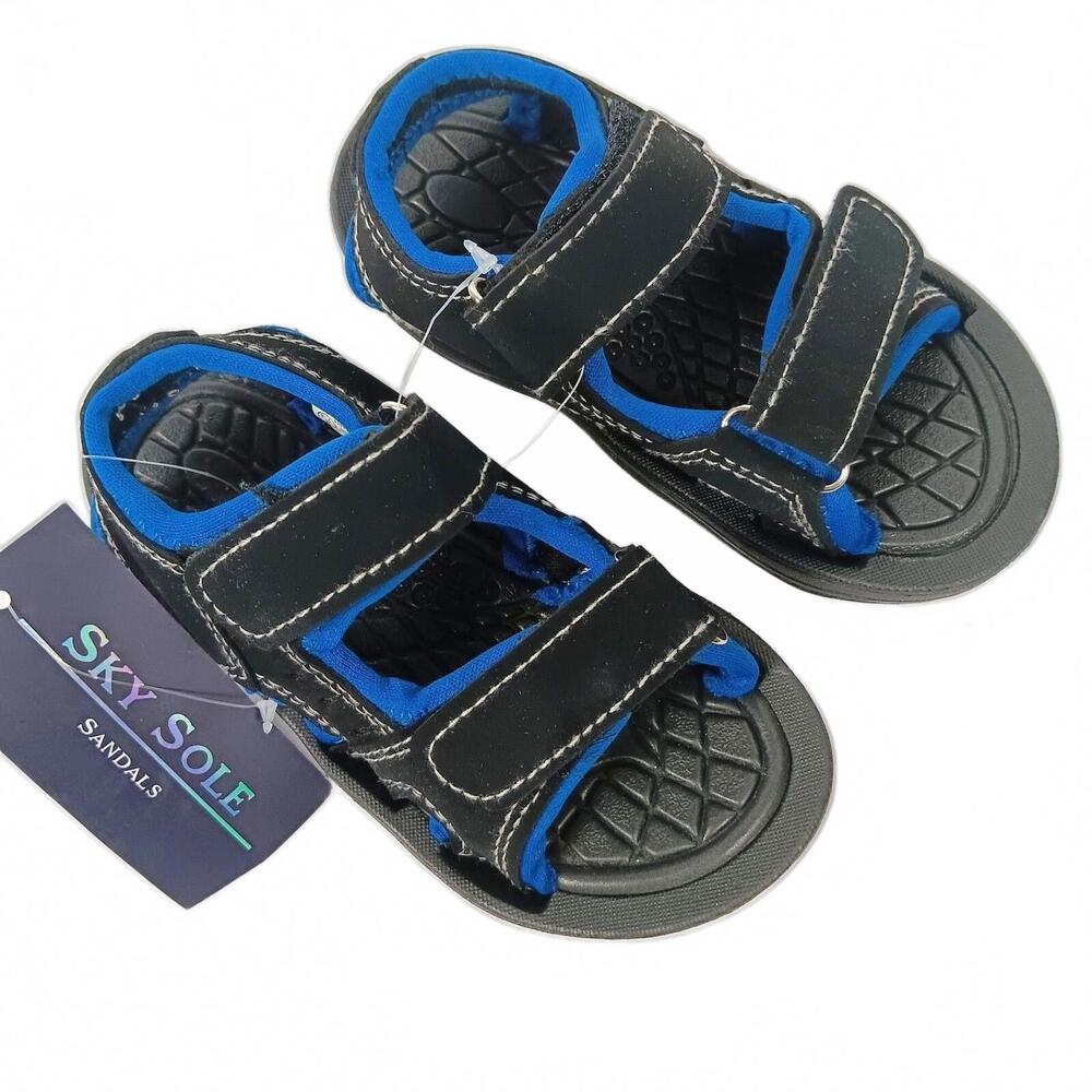 Sky Sole Boys Athletic Sandals Black Blue Hook and Loop Straps Size 7-8 NEW